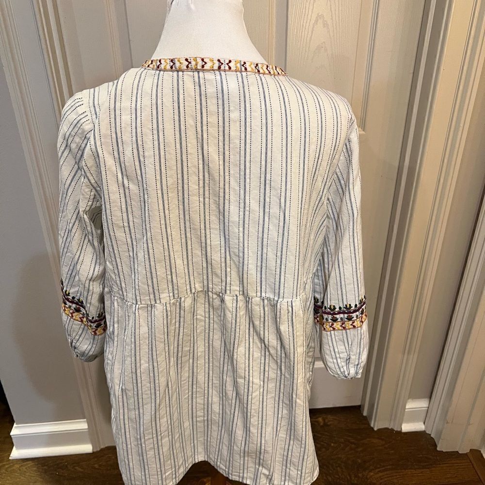 Peasant or Boho Top blue and White Stripes with Embroidery Large - Picture 3 of 5
